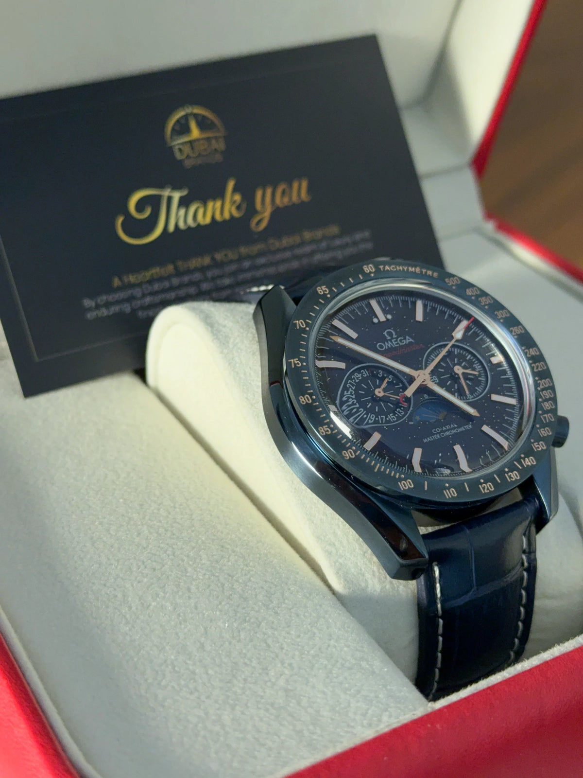 Omega Speedmaster Chronograph Large Blue Dial Tachymeter Blue Leather Strap
