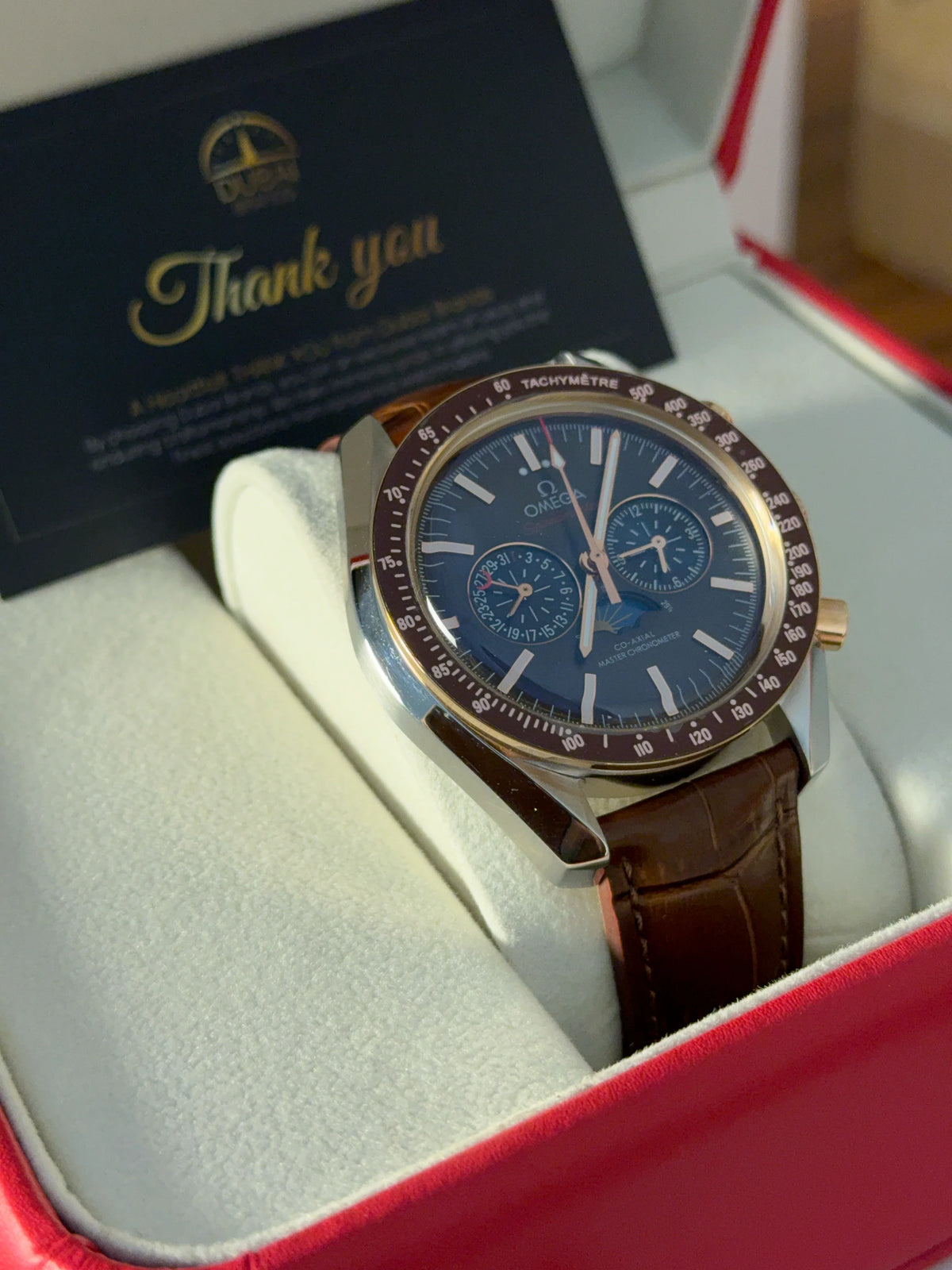 Omega Speedmaster Chronograph Large Blue Dial Tachymeter Two Tone Brown Leather Strap