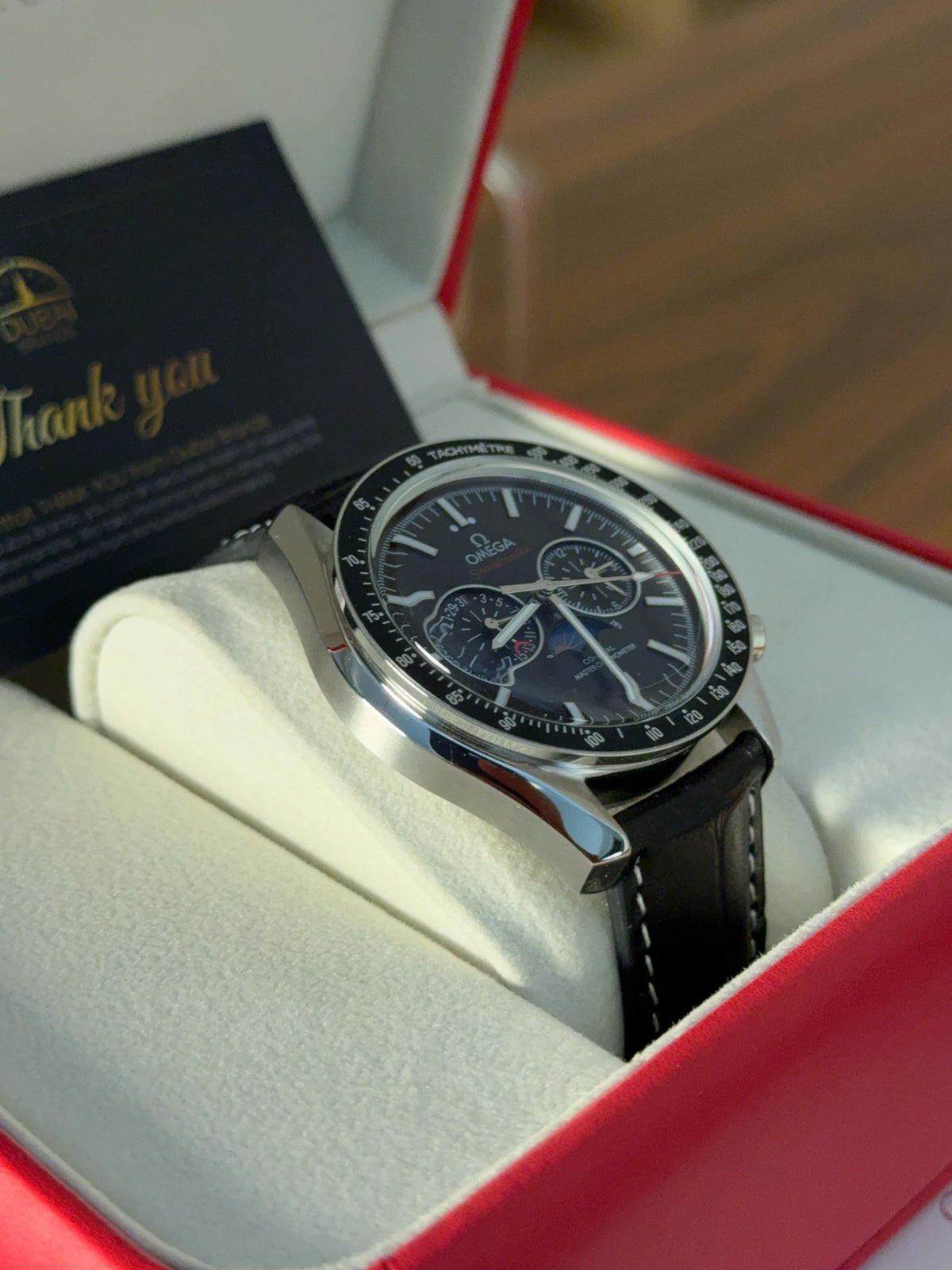 Omega Speedmaster Chronograph Large Blue Dial Tachymeter Stainless Steel Black Leather Strap