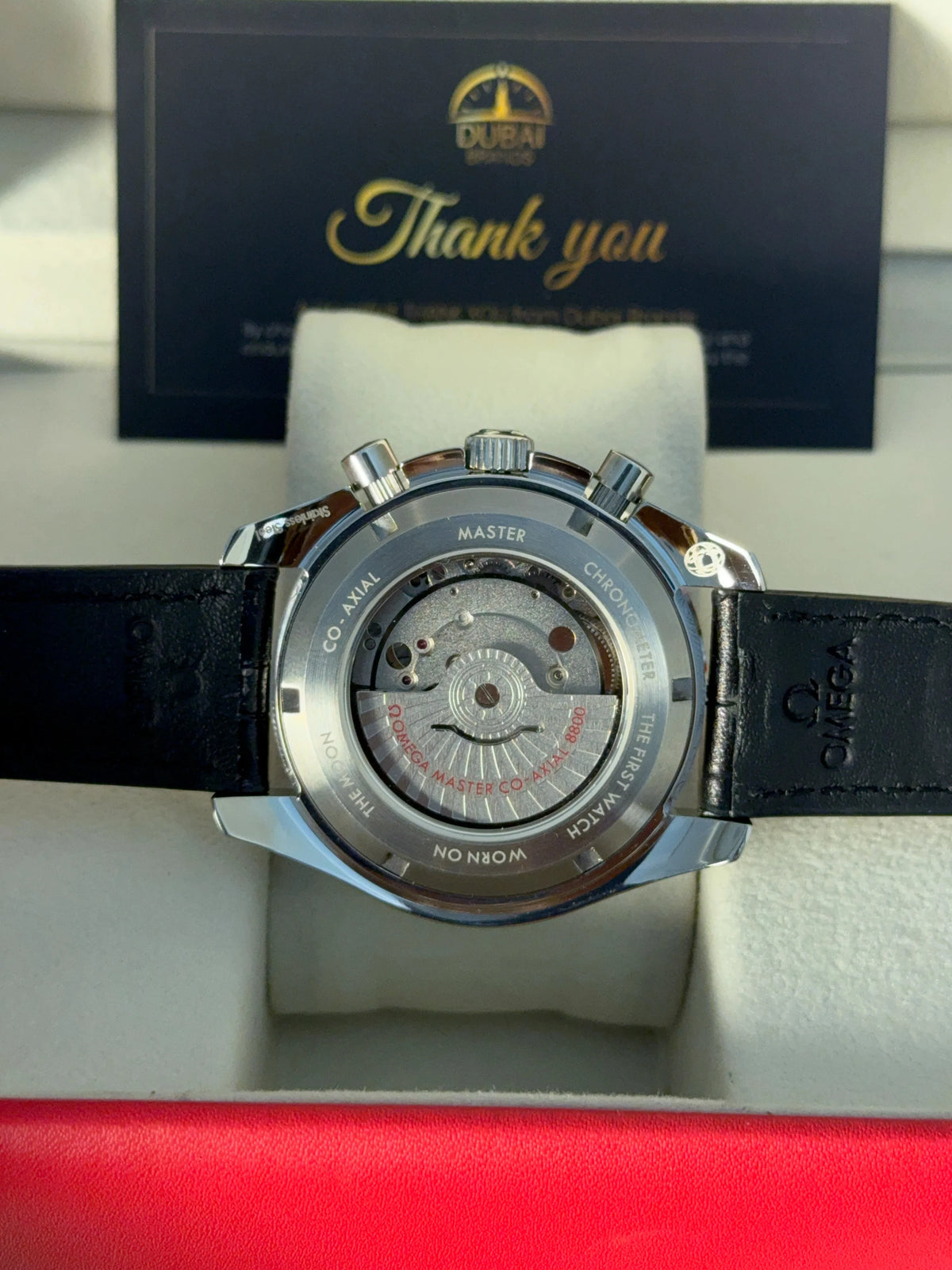 Omega Speedmaster Chronograph Large Blue Dial Tachymeter Stainless Steel Black Leather Strap