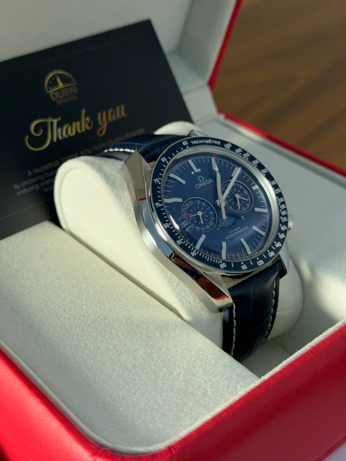 Omega Speedmaster Chronograph Large Blue Dial Moonphase Tachymeter Blue Leather Strap