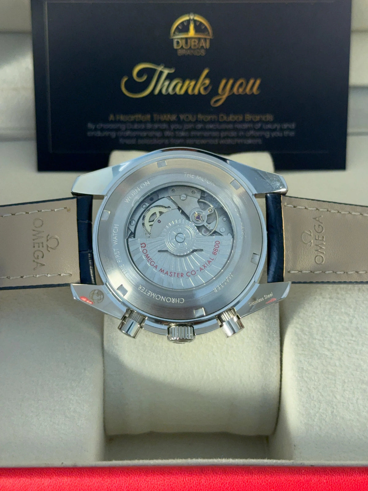Omega Speedmaster Chronograph Large Blue Dial Moonphase Tachymeter Blue Leather Strap