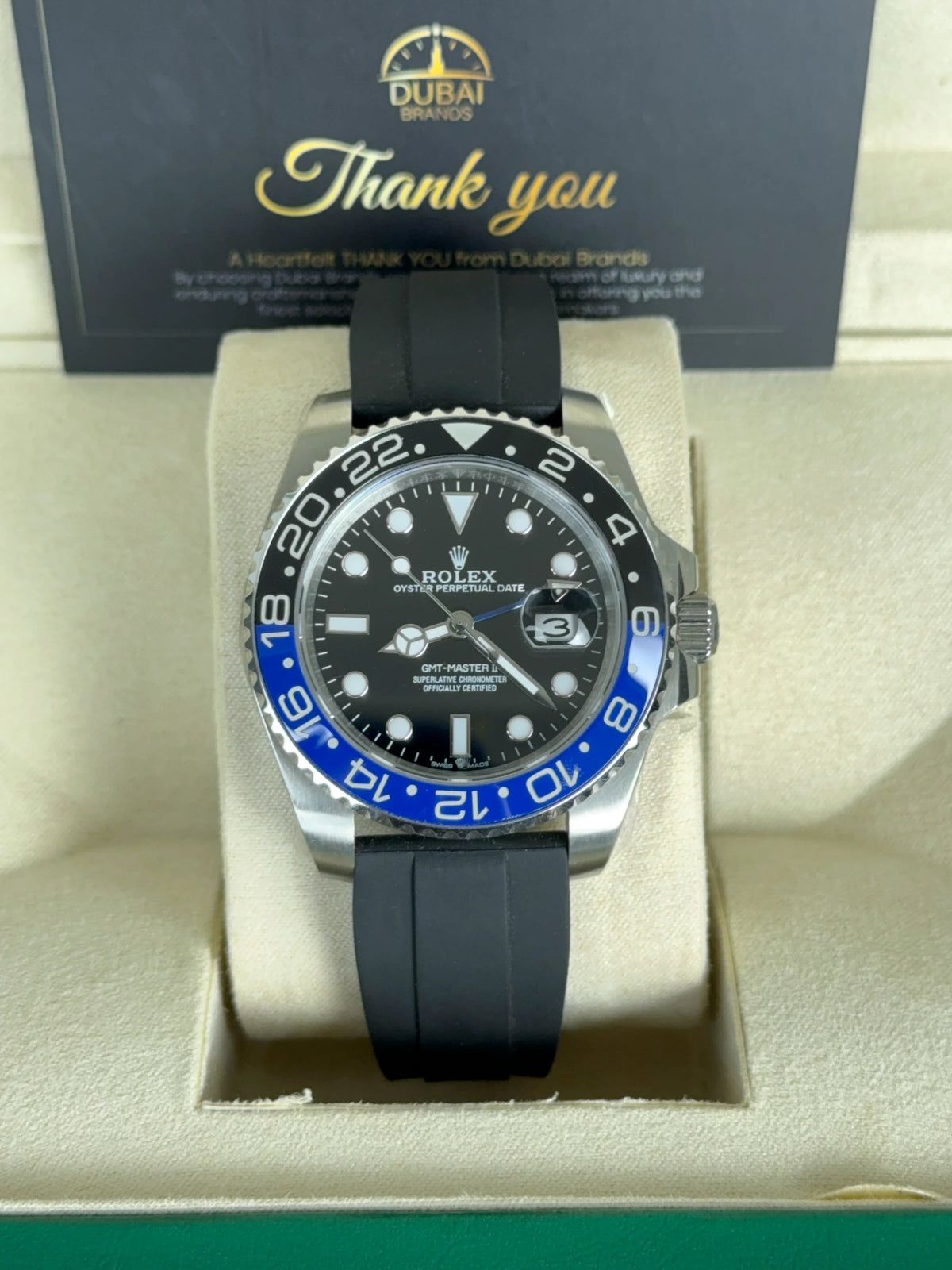 Rolex GMT-Master II 40mm Black Dial Blue Black Bezel Stainless Steel Rubber Strap