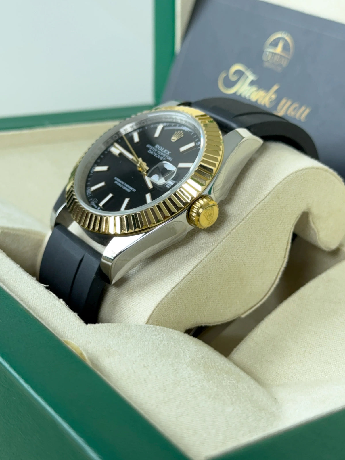 Rolex Datejust 41mm Black Dial Fluted Bezel Two Tone Case Rubber Strap