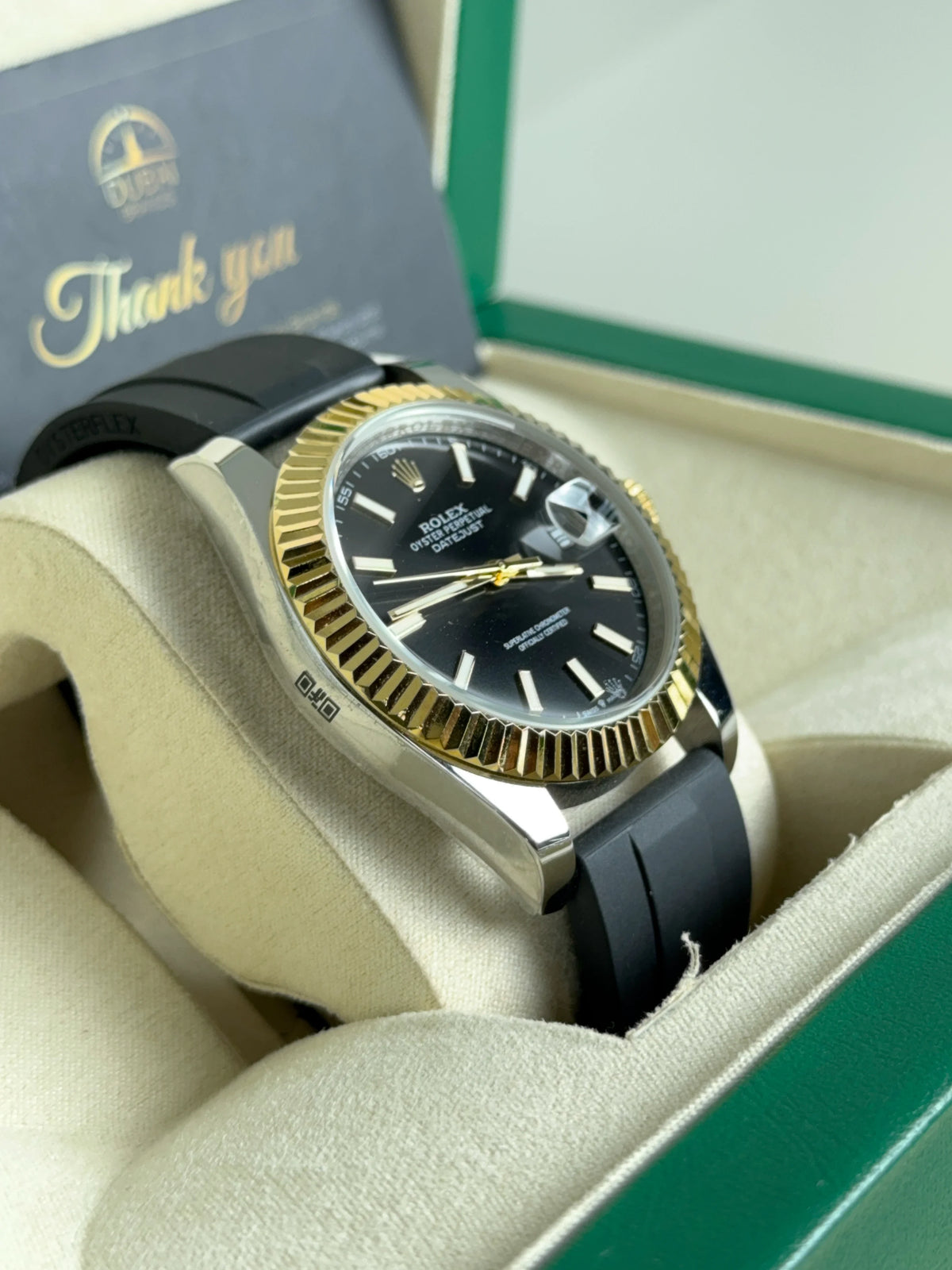 Rolex Datejust 41mm Black Dial Fluted Bezel Two Tone Case Rubber Strap