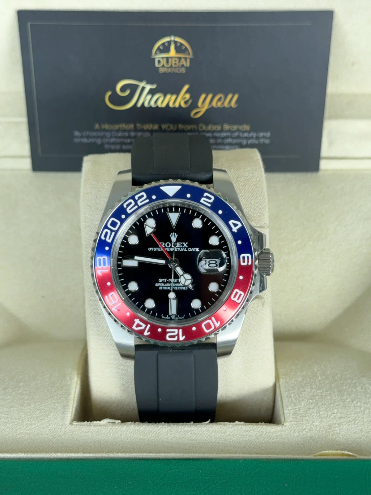 Rolex GMT-Master II 40mm Black Dial Red Blue Bezel Stainless Steel Rubber Strap