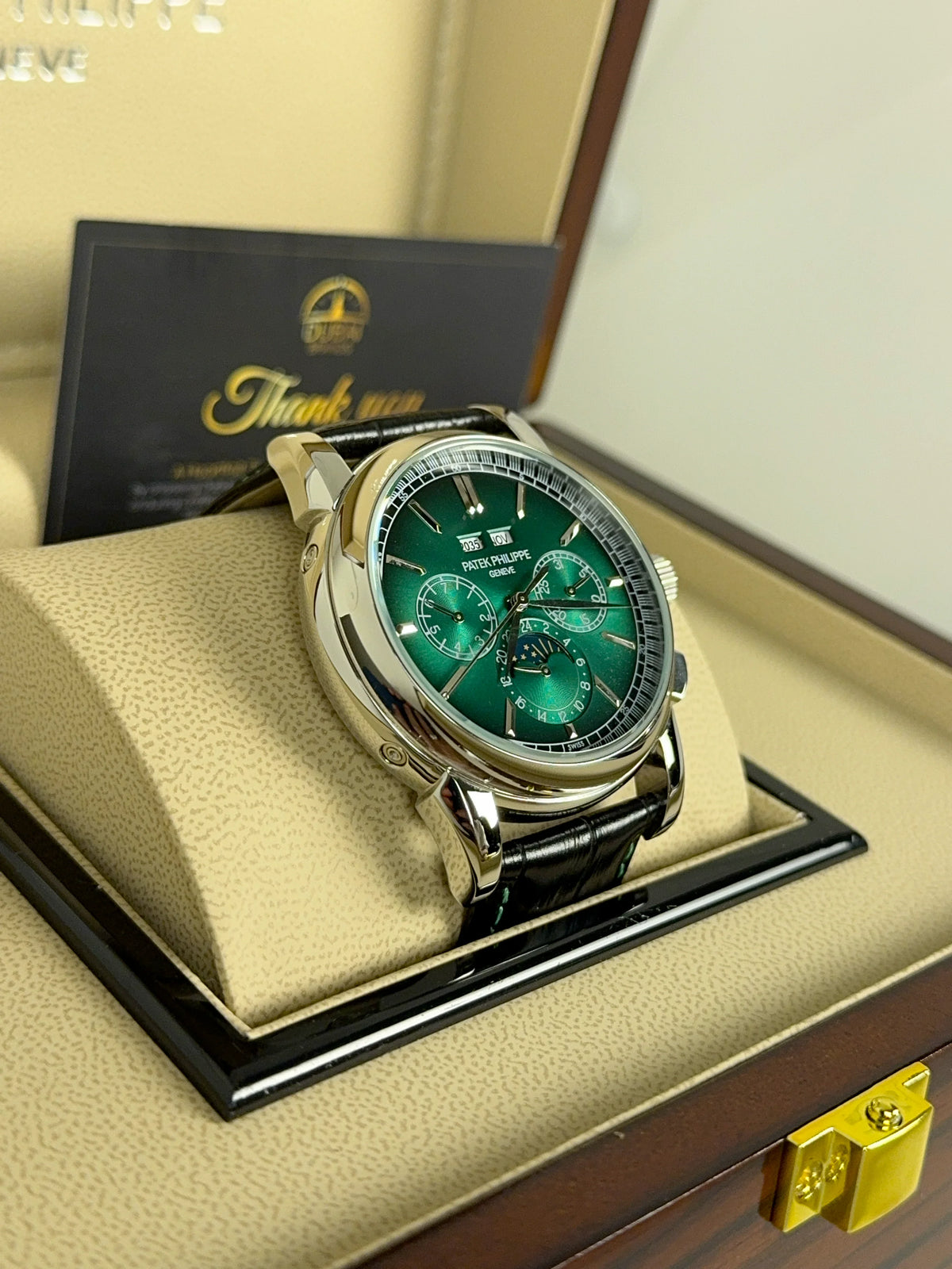 Patek Philippe Perpetual Calendar Chronograph 40mm Green Dial Stainless Steel Black Leather Strap
