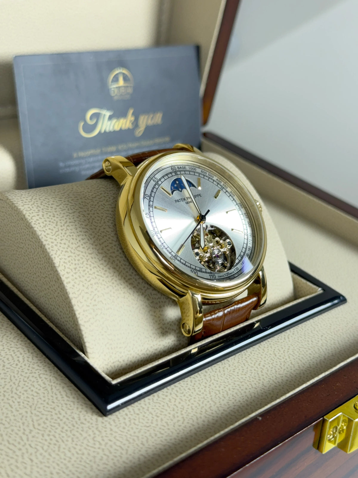 Patek Philippe Tourbillon Moonphase 42mm Silver Dial Gold Case Brown Leather Strap