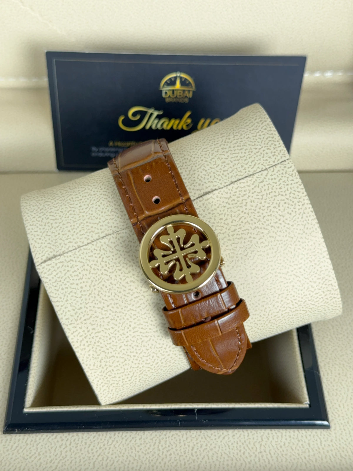 Patek Philippe Tourbillon Moonphase 42mm Silver Dial Gold Case Brown Leather Strap