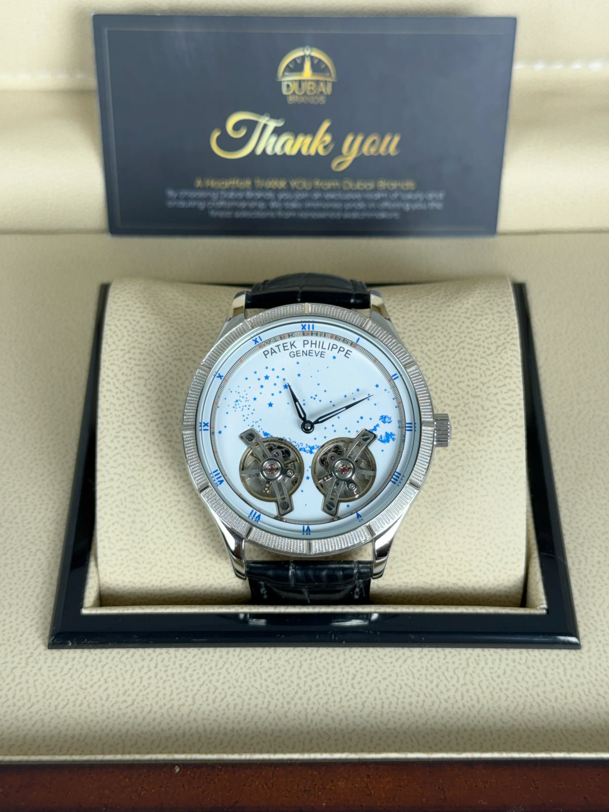 Patek Philippe Double Balance Open Heart 42mm White Dial Stainless Steel Case Black Leather Strap
