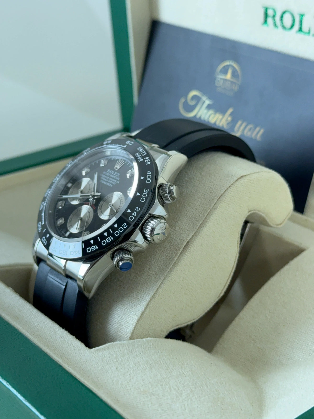 Rolex Daytona 40mm Black Diamond Dial Black Ceramic Bezel Oysterflex Strap