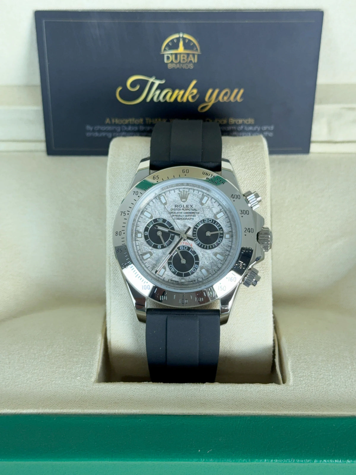 Rolex Daytona 40mm Ice Dial Black Subdials Silver Bezel Oysterflex Strap