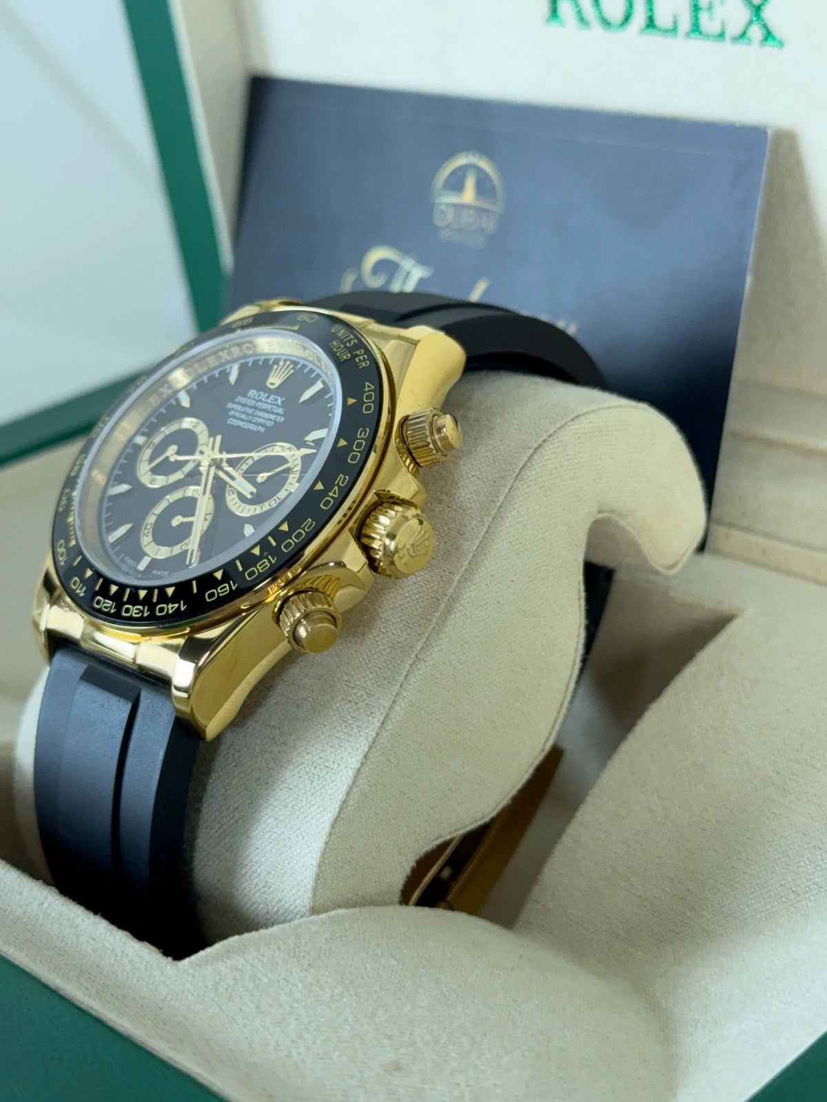 Rolex Daytona 40mm Yellow Gold Black Dial Black Ceramic Bezel Oysterflex Strap