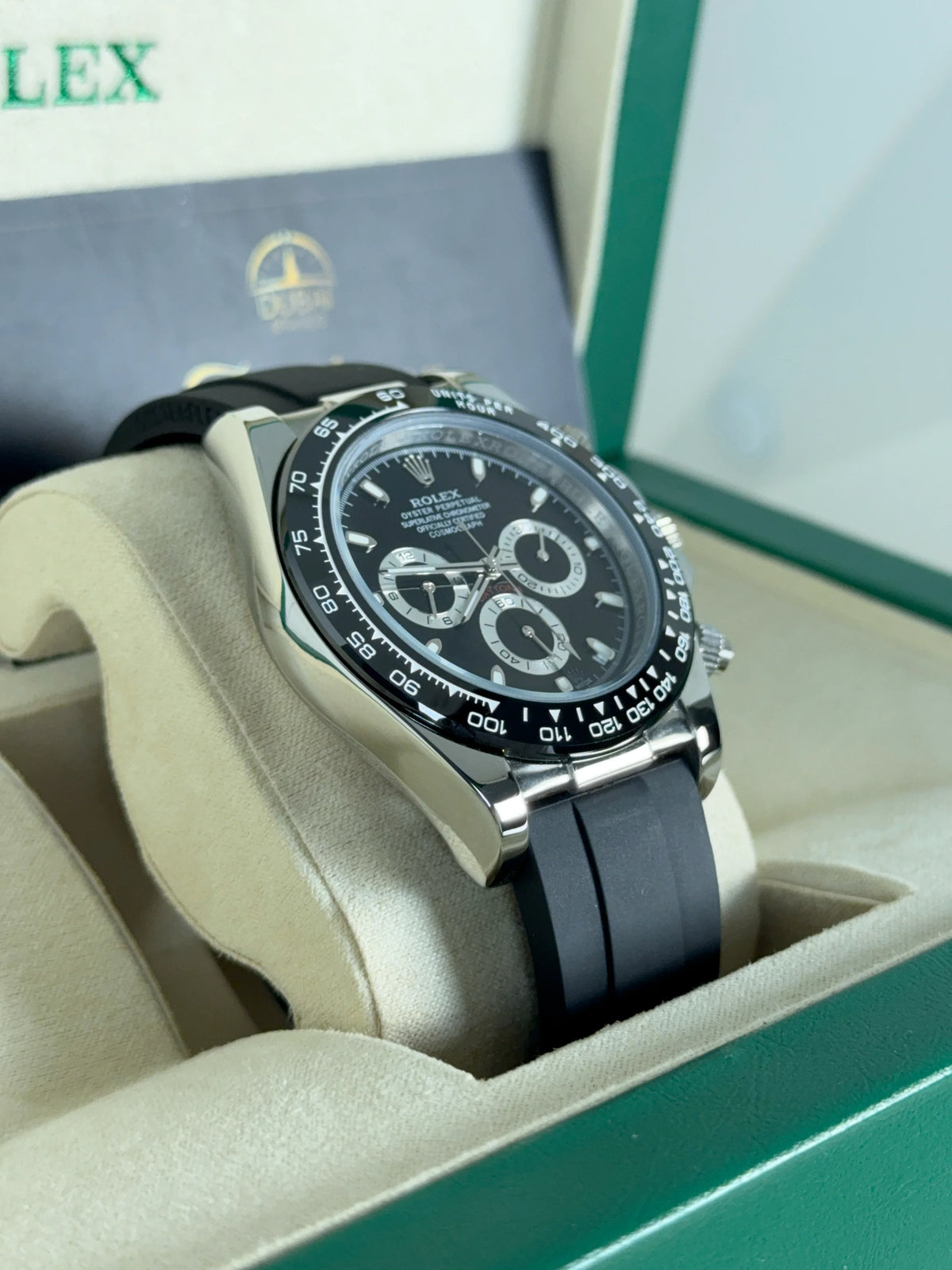 Rolex Daytona 40mm Black Dial Silver Subdials Black Ceramic Bezel Oysterflex Strap