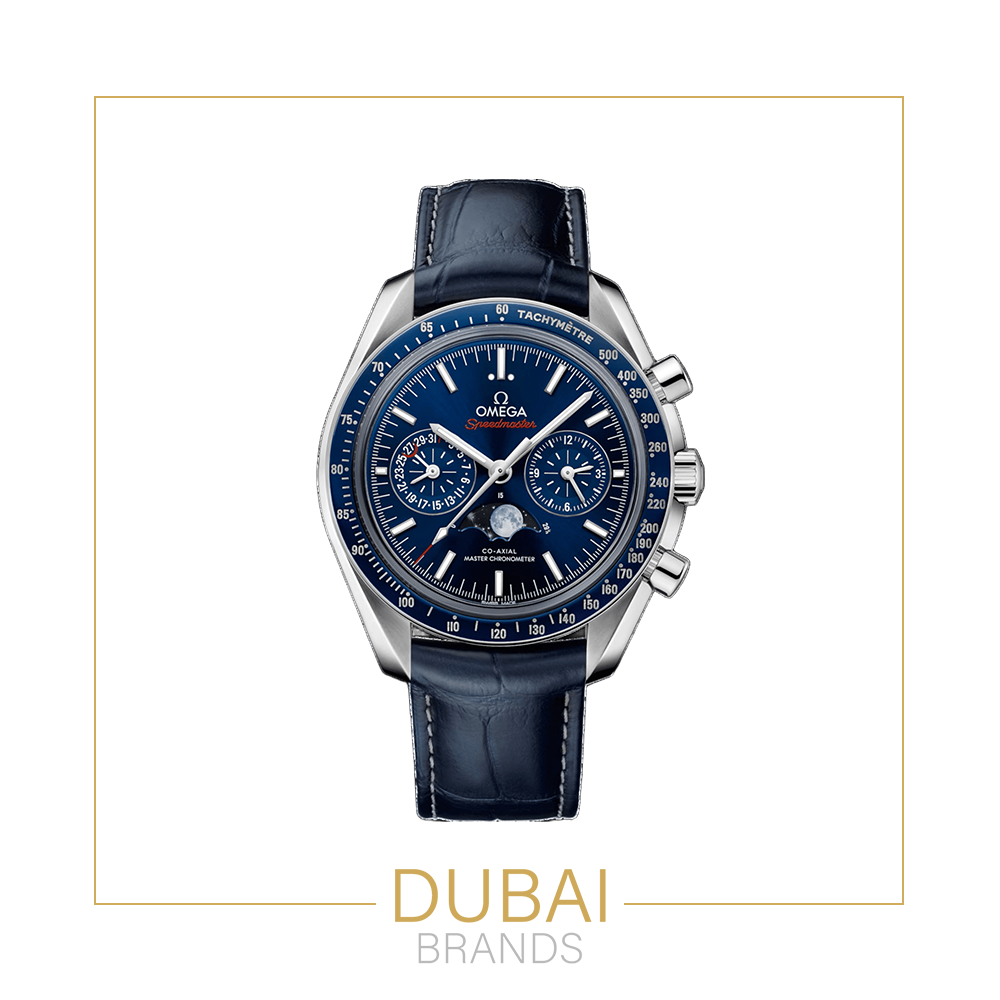 Omega Speedmaster Chronograph Large Blue Dial Moonphase Tachymeter Blue Leather Strap