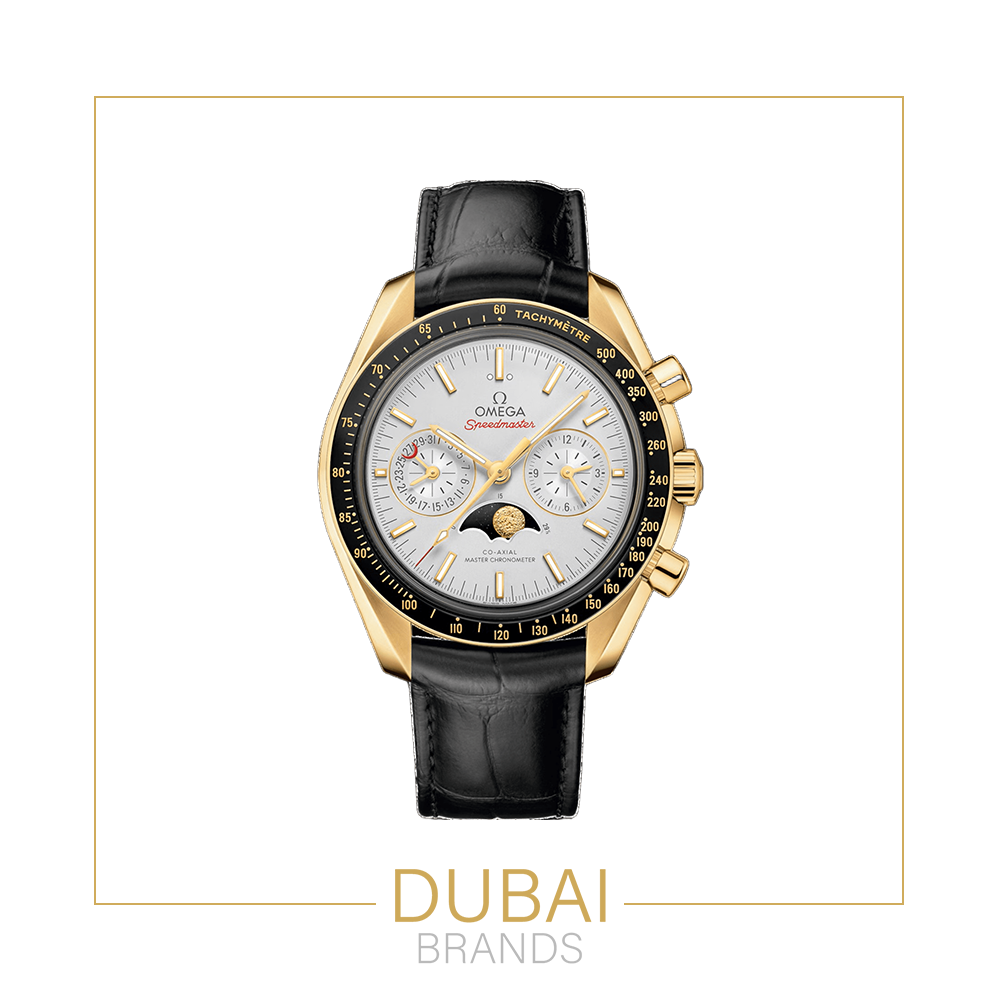 Omega Speedmaster Chronograph Large White Dial Tachymeter Gold Case Black Leather Strap