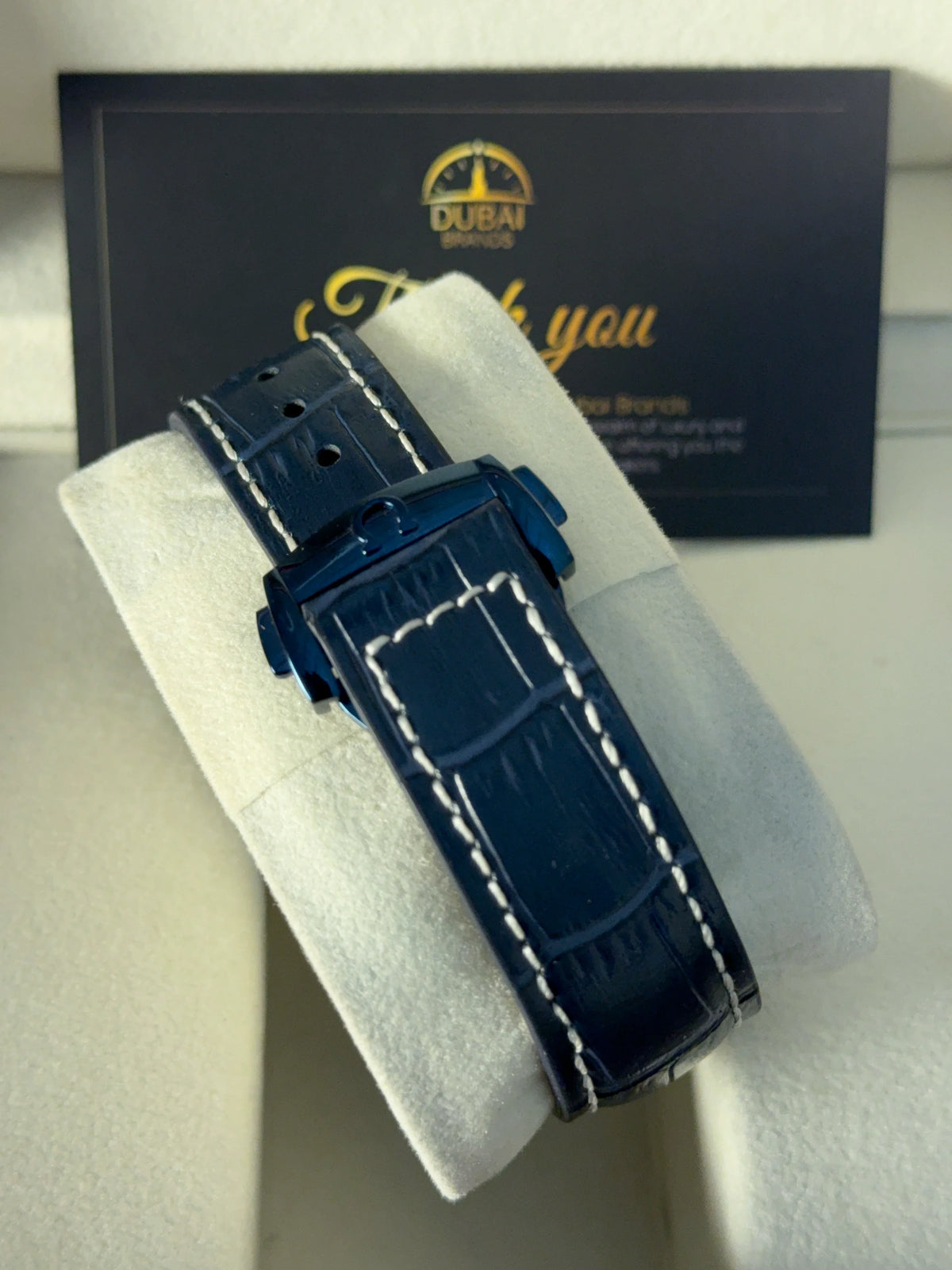 Omega Speedmaster Chronograph Large Blue Dial Tachymeter Blue Leather Strap