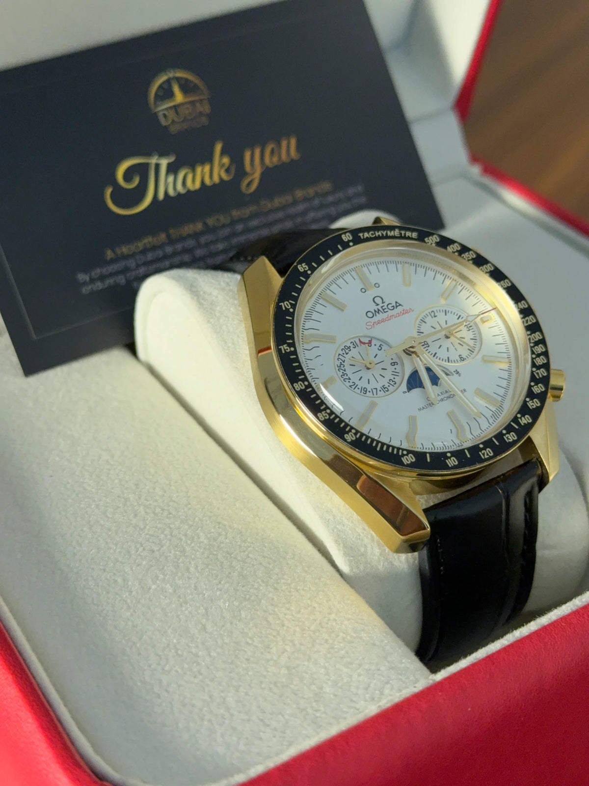 Omega Speedmaster Chronograph Large White Dial Tachymeter Gold Case Black Leather Strap