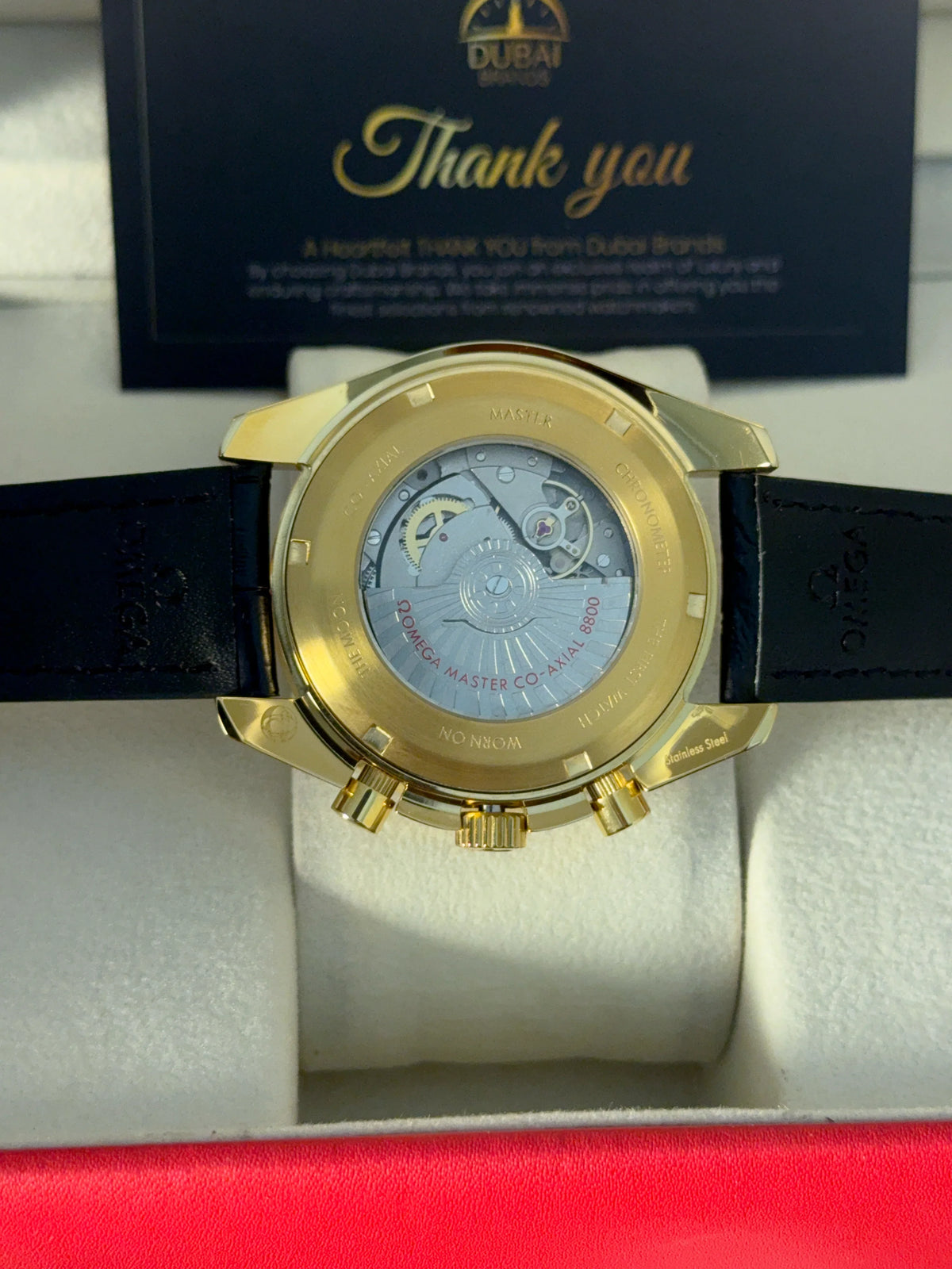 Omega Speedmaster Chronograph Large White Dial Tachymeter Gold Case Black Leather Strap