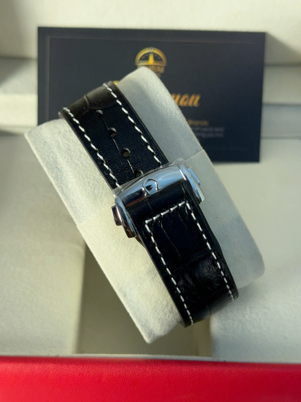Omega Speedmaster Chronograph Large Blue Dial Tachymeter Stainless Steel Black Leather Strap