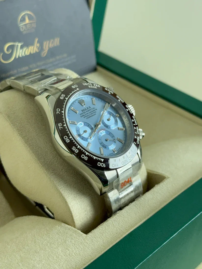 Rolex Daytona 40mm Ice Blue Dial Brown Ceramic Bezel Stainless Steel Oyster Bracelet