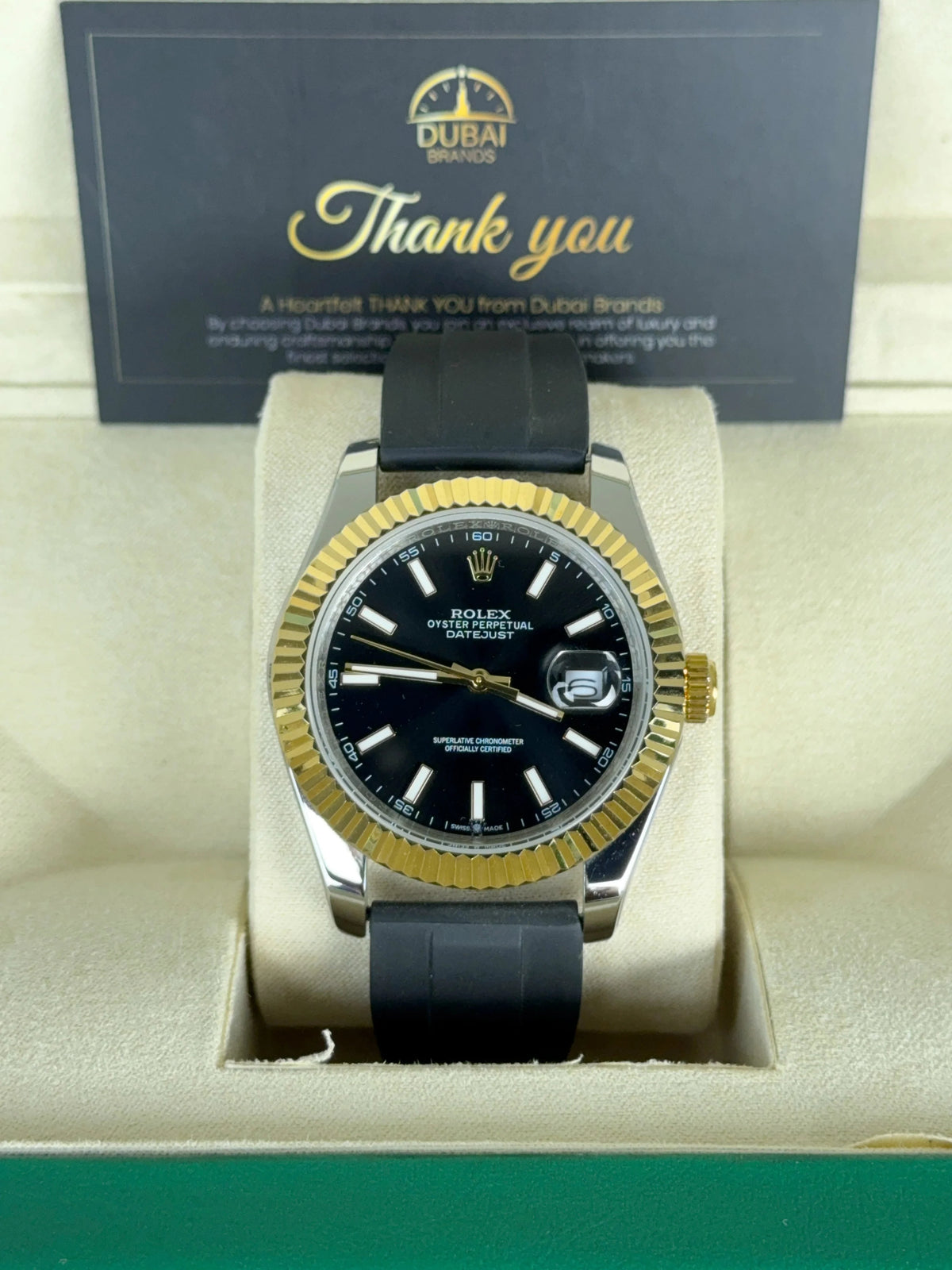 Rolex Datejust 41mm Black Dial Fluted Bezel Two Tone Case Rubber Strap