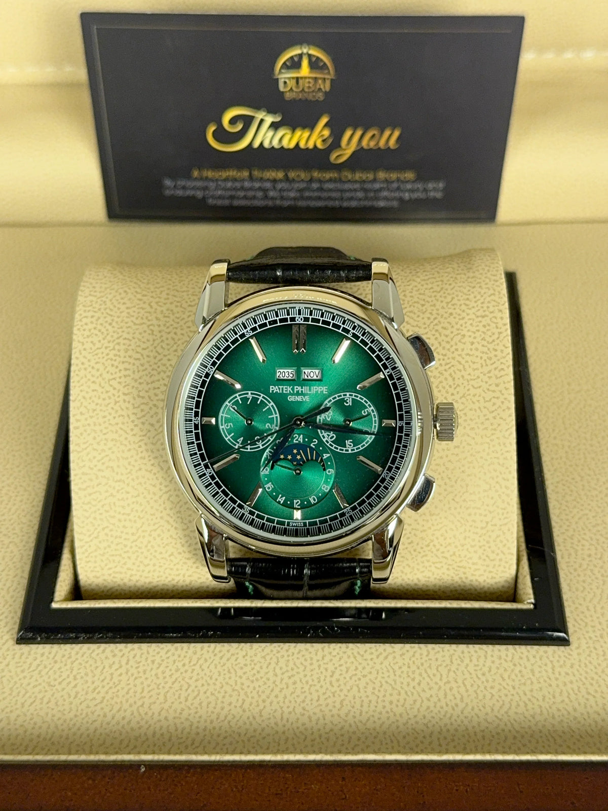 Patek Philippe Perpetual Calendar Chronograph 40mm Green Dial Stainless Steel Black Leather Strap