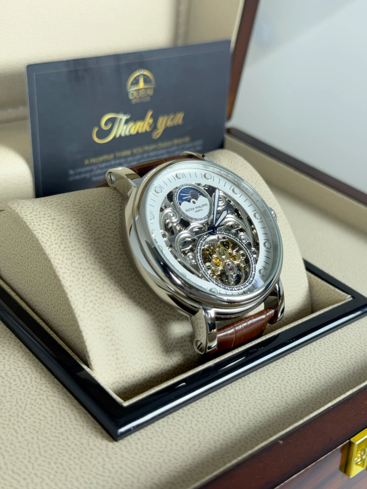 Patek Philippe Skeleton Tourbillon 42mm White Dial Stainless Steel Case Brown Leather Strap