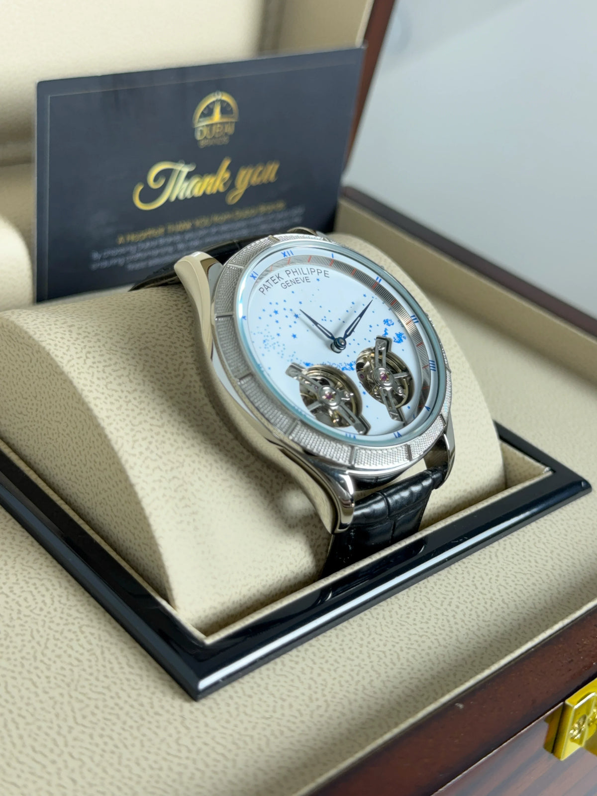 Patek Philippe Double Balance Open Heart 42mm White Dial Stainless Steel Case Black Leather Strap