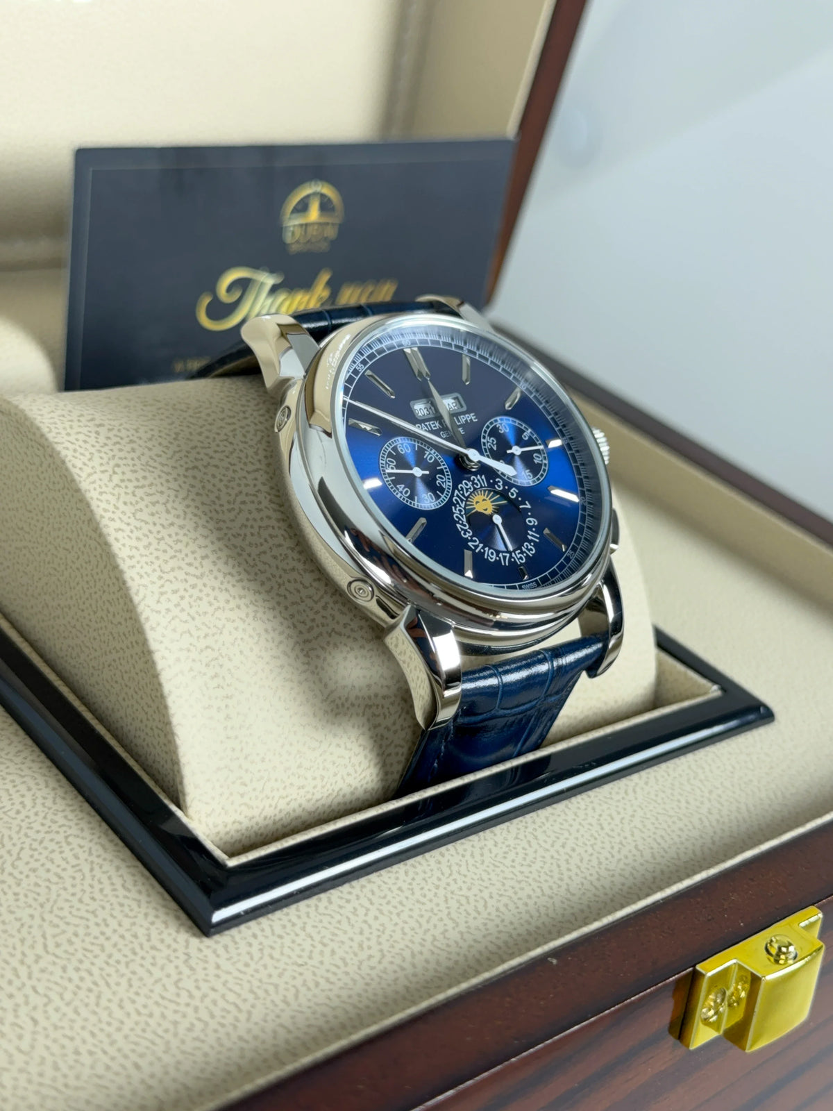 Patek Philippe Perpetual Calendar Chronograph 40mm Blue Dial Stainless Steel Blue Leather Strap