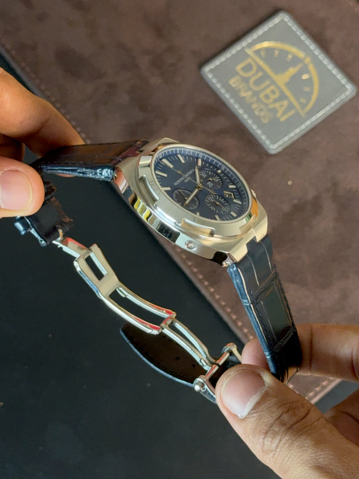 Vacheron Constantin Overseas Chronograph 42mm Blue Dial Stainless Steel Case Blue Leather Strap