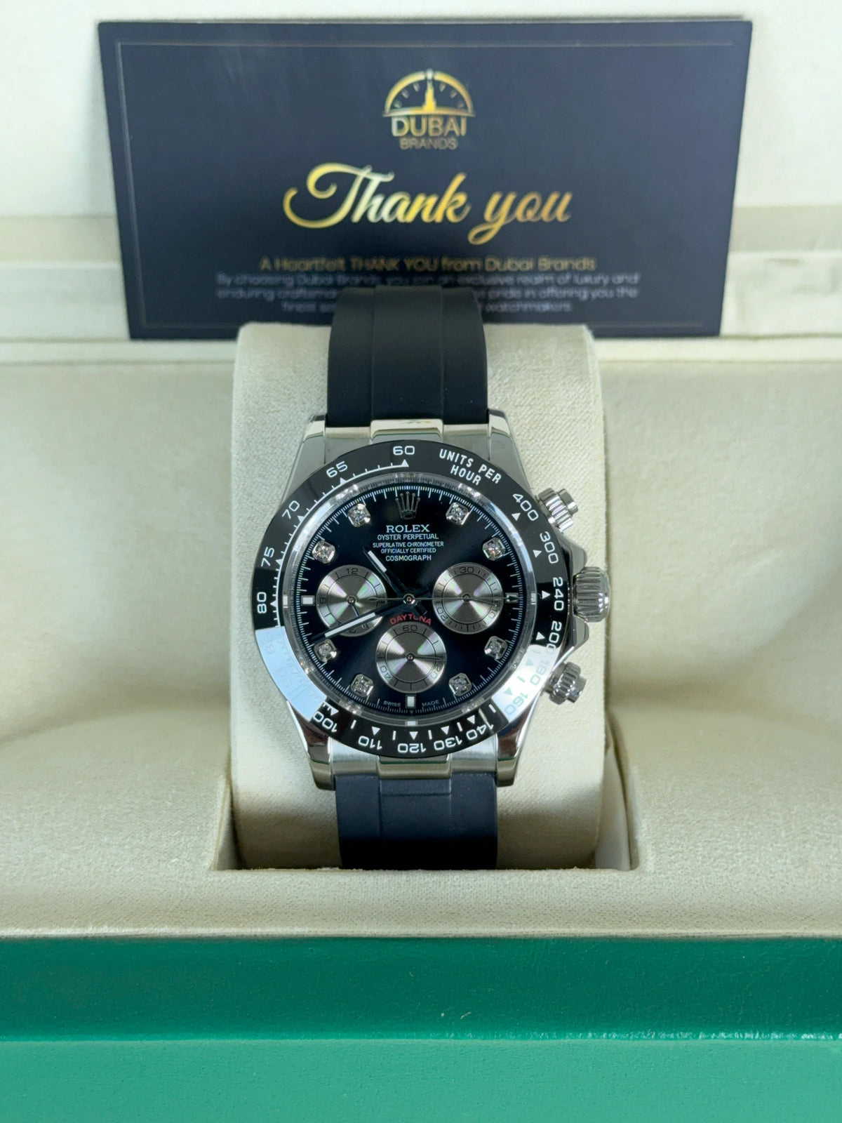 Rolex Daytona 40mm Black Diamond Dial Black Ceramic Bezel Oysterflex Strap