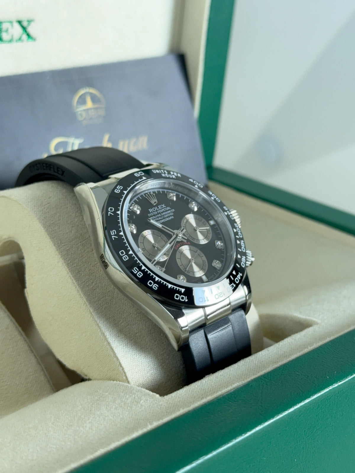 Rolex Daytona 40mm Black Diamond Dial Black Ceramic Bezel Oysterflex Strap