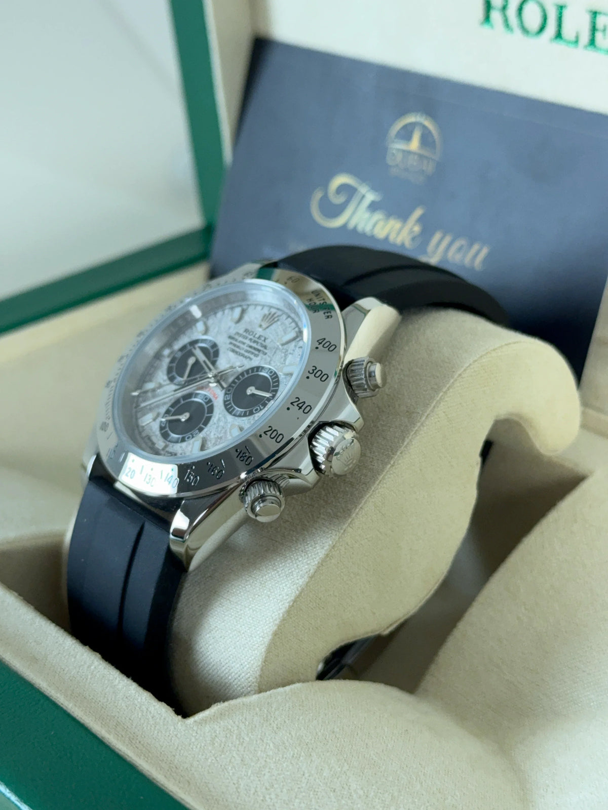Rolex Daytona 40mm Ice Dial Black Subdials Silver Bezel Oysterflex Strap