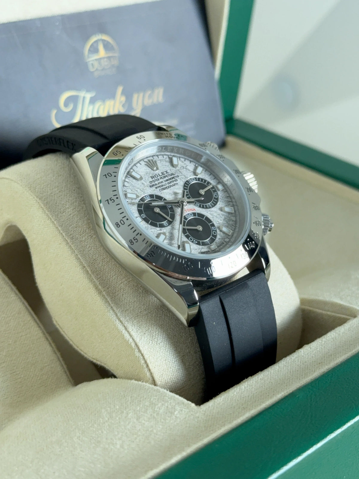 Rolex Daytona 40mm Ice Dial Black Subdials Silver Bezel Oysterflex Strap