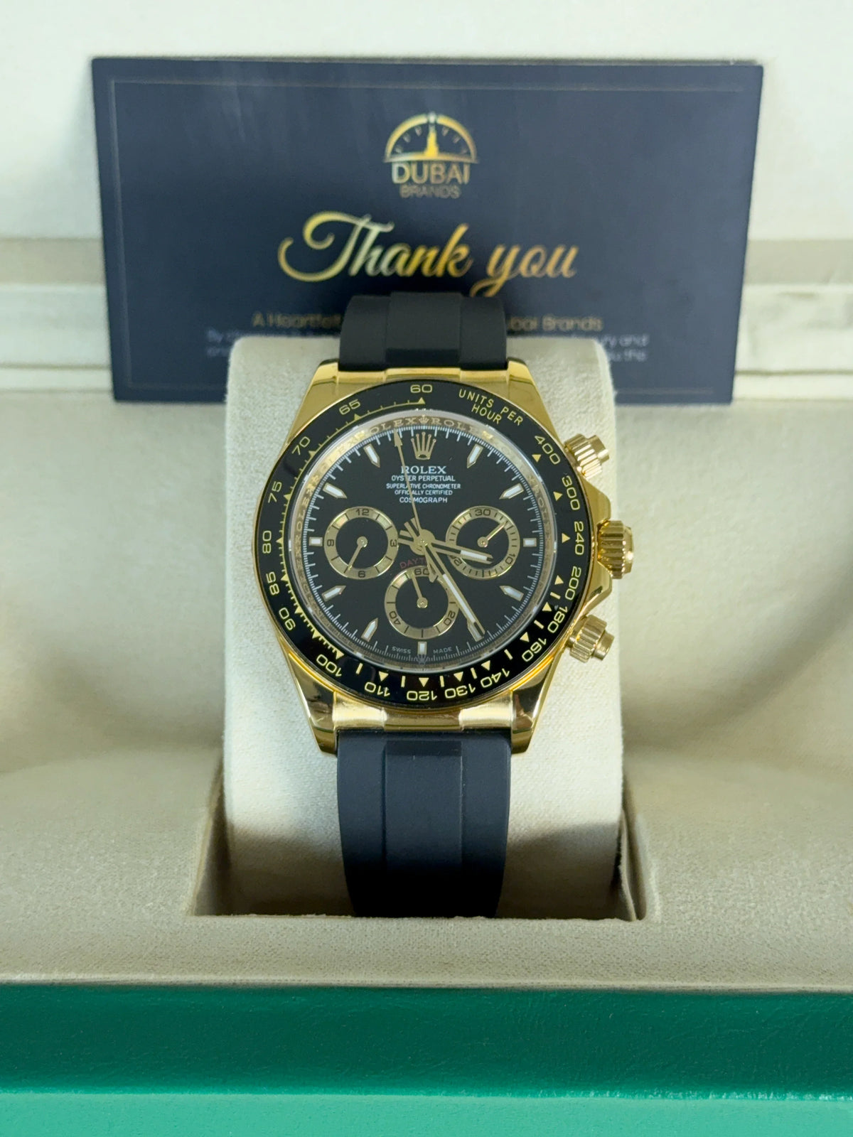 Rolex Daytona 40mm Yellow Gold Black Dial Black Ceramic Bezel Oysterflex Strap