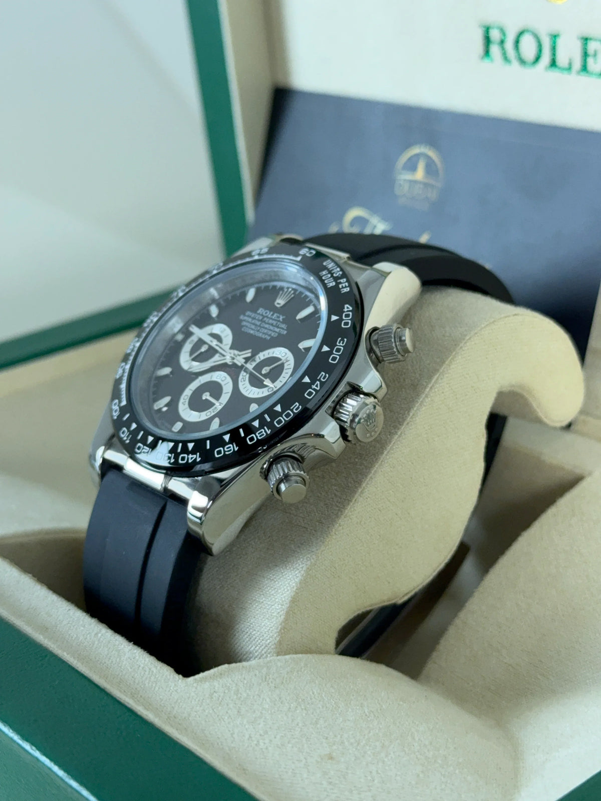 Rolex Daytona 40mm Black Dial Silver Subdials Black Ceramic Bezel Oysterflex Strap