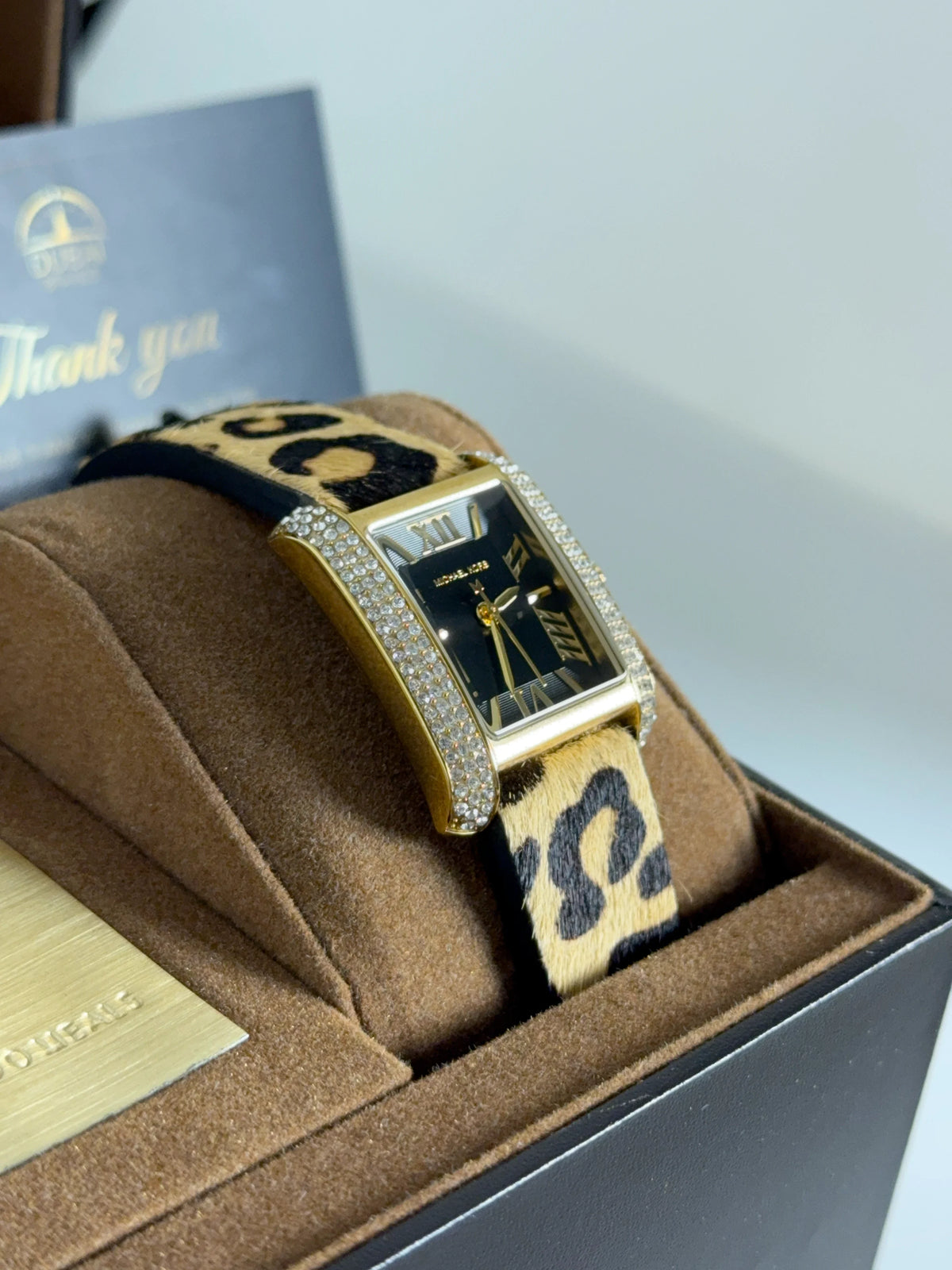 Michael Kors MK7387 Rectangular Black Dial Gold Tone Crystal Case Leopard Strap